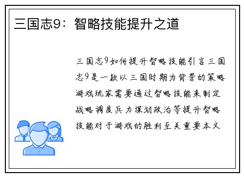 三国志9：智略技能提升之道